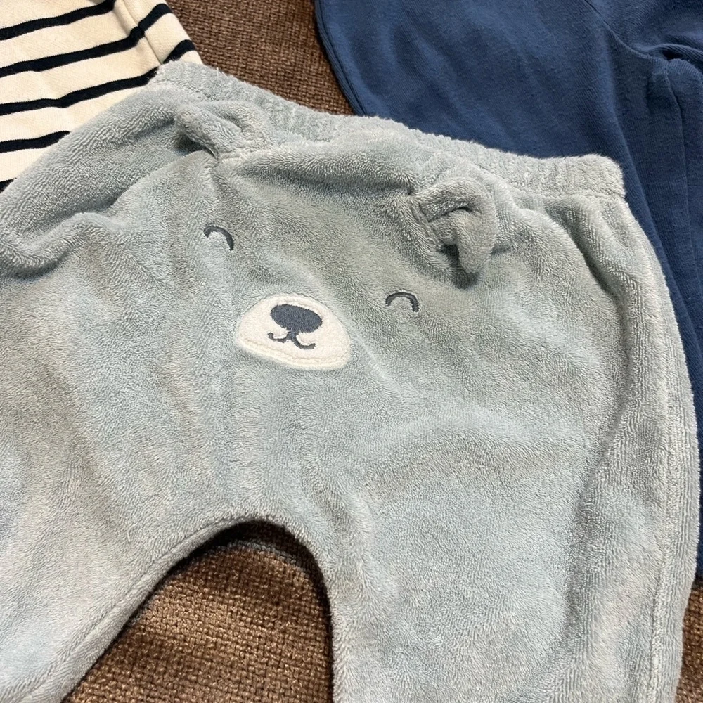 6 Month Set of 3 Baby Pants, Bottoms - Blue, Light Blue, and Striped